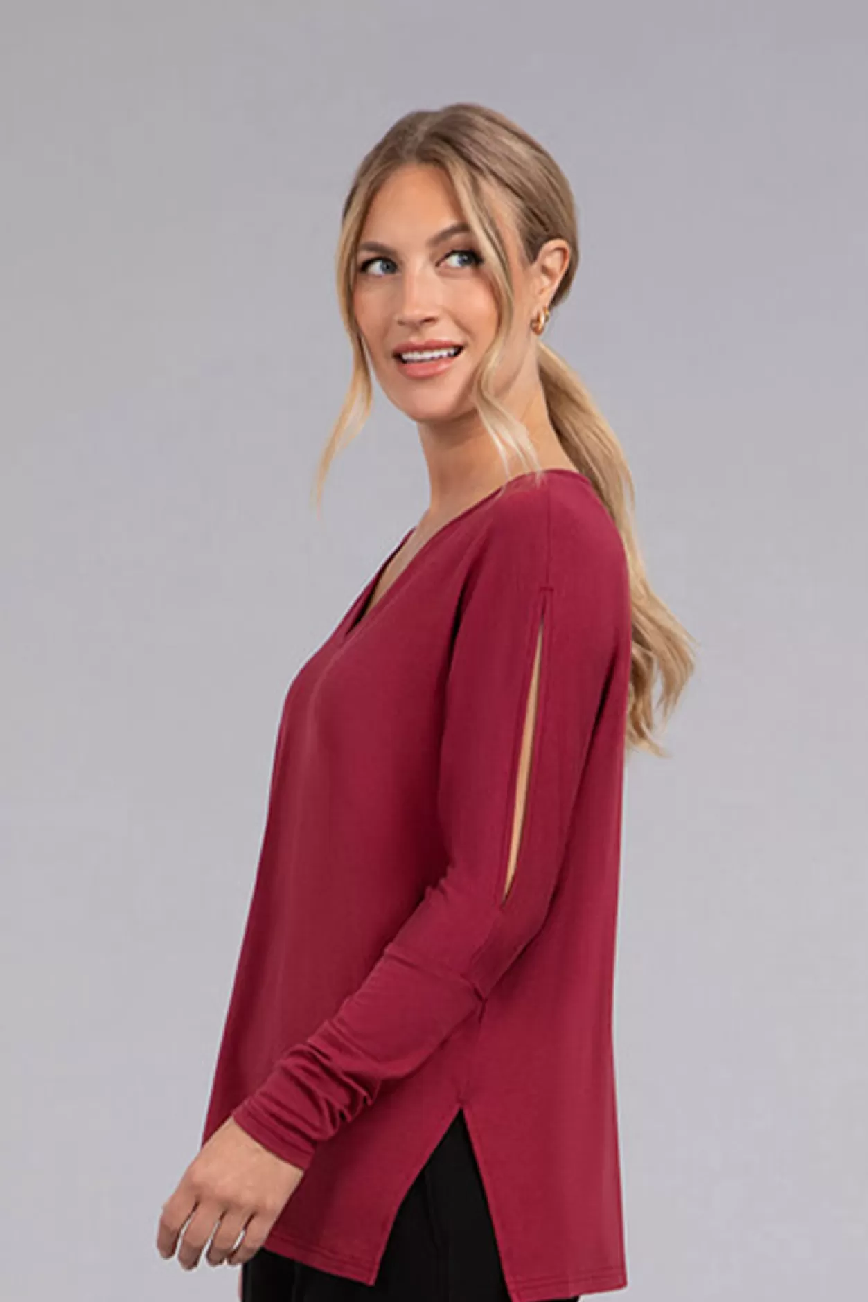 Women Sympli Bamboo Cotton V-Neck Slit Sleeve Top