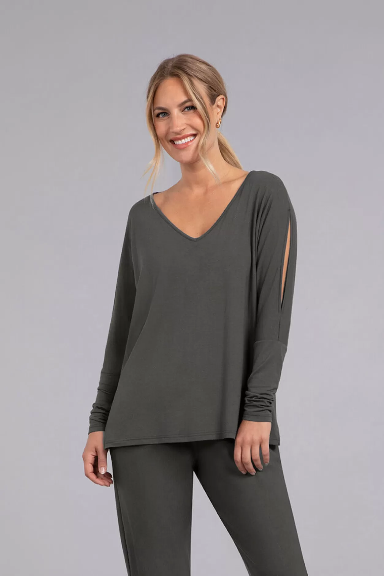 Women Sympli Bamboo Cotton V-Neck Slit Sleeve Top