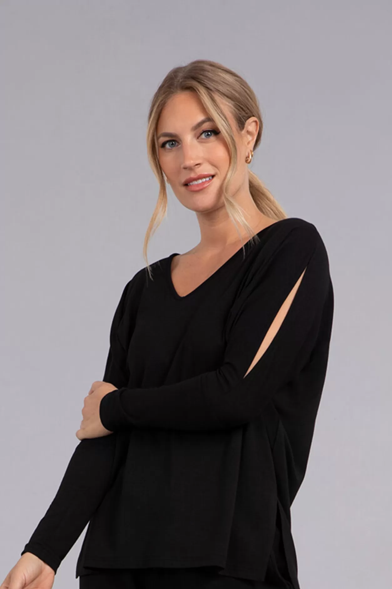 Women Sympli Bamboo Cotton V-Neck Slit Sleeve Top