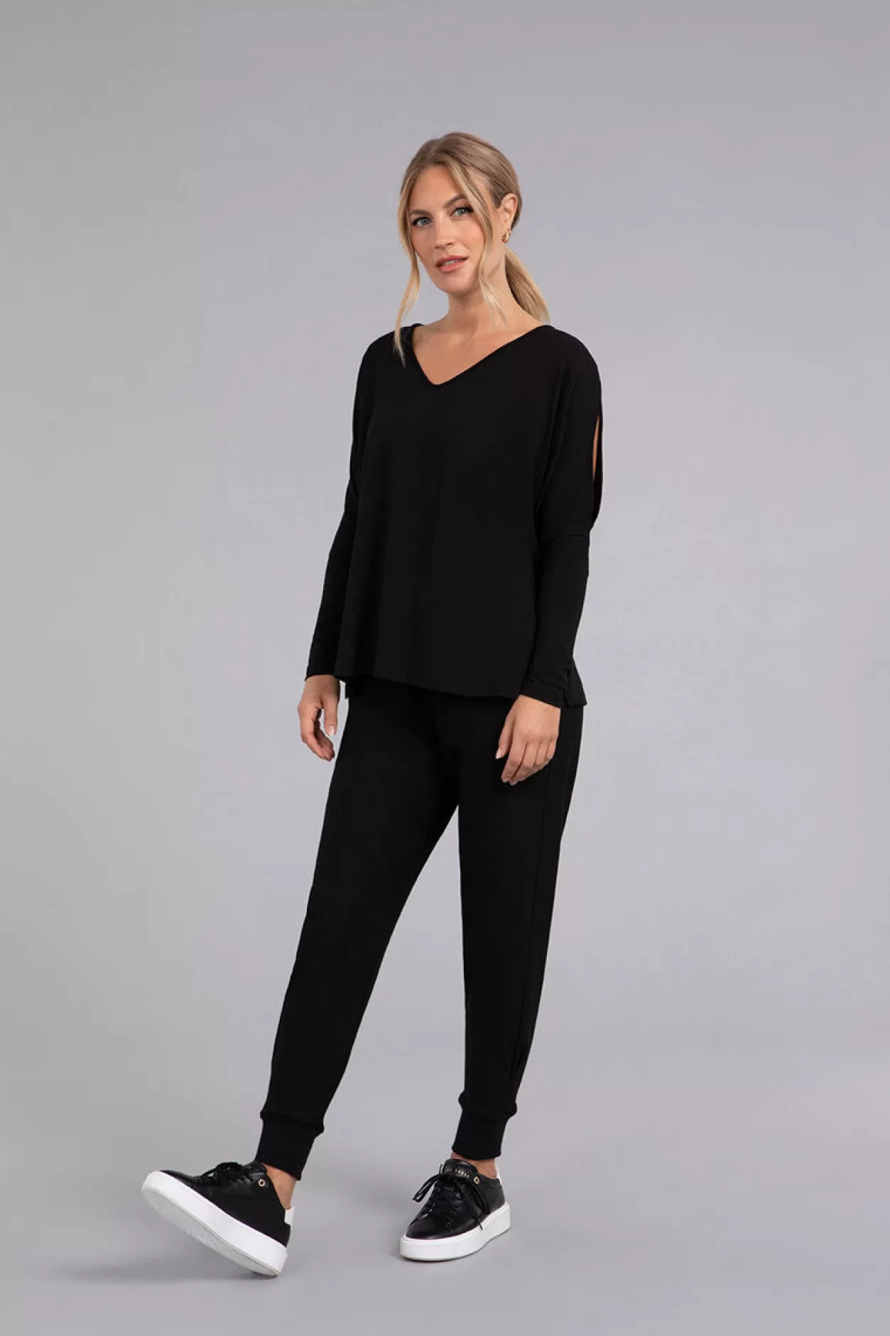 Women Sympli Bamboo Cotton V-Neck Slit Sleeve Top