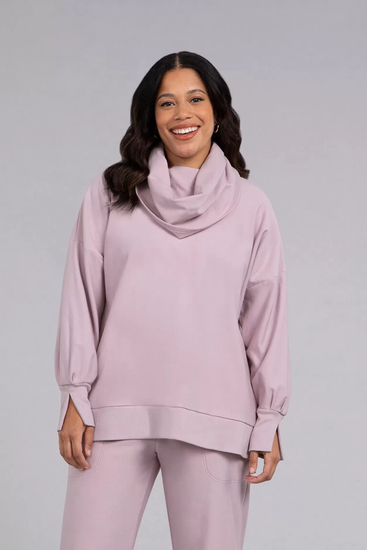 Women Sympli Bamboo Fleece Cowl Neck Pleat Sleeve Top