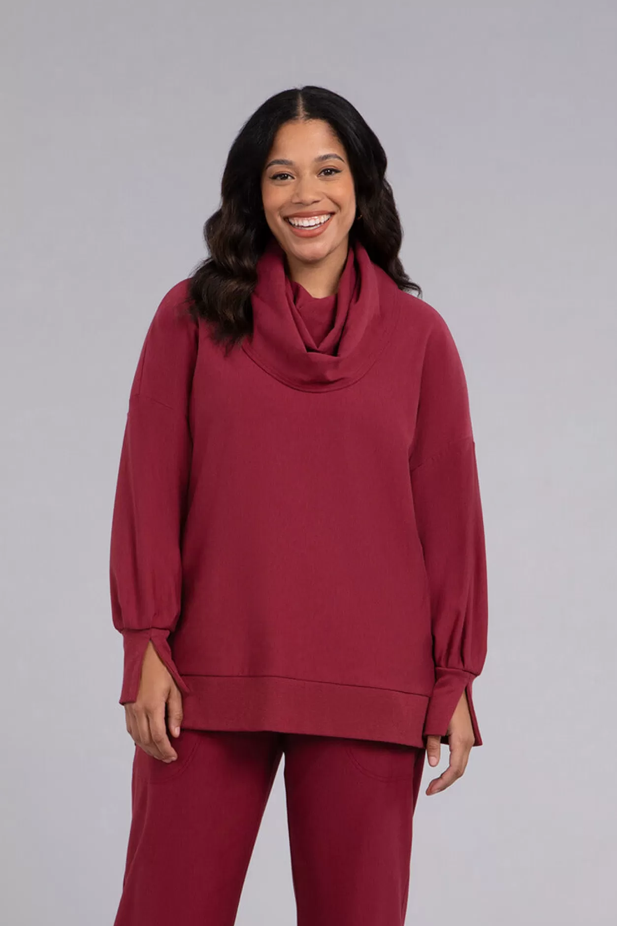 Women Sympli Bamboo Fleece Cowl Neck Pleat Sleeve Top