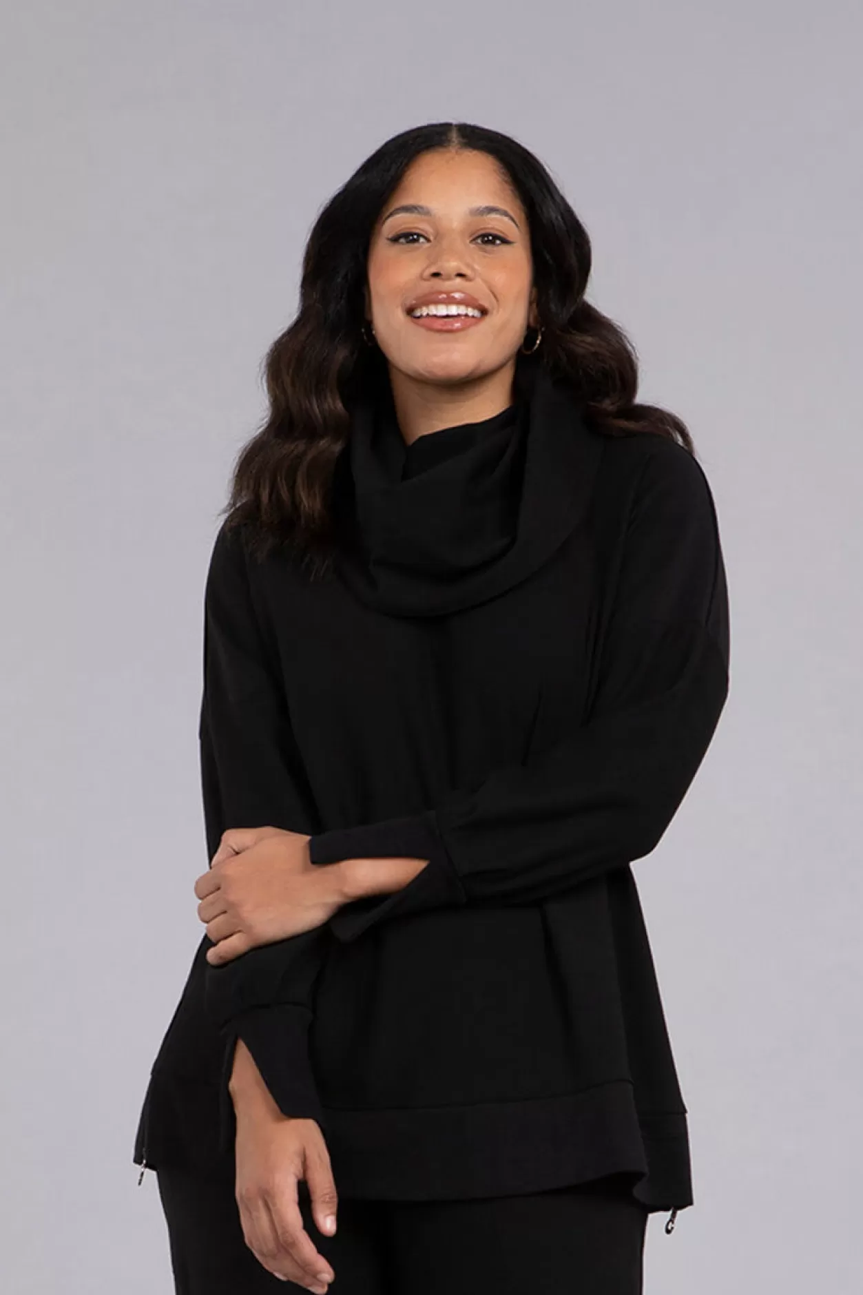 Women Sympli Bamboo Fleece Cowl Neck Pleat Sleeve Top