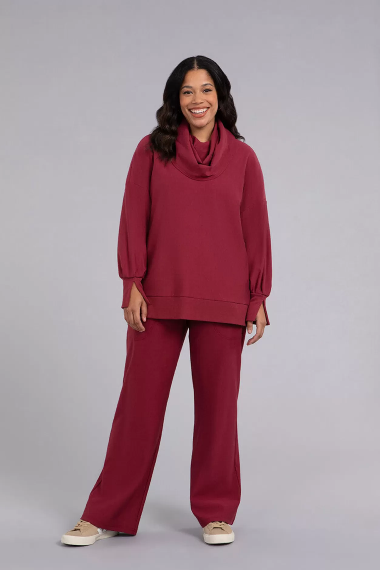 Women Sympli Bamboo Fleece Cowl Neck Pleat Sleeve Top