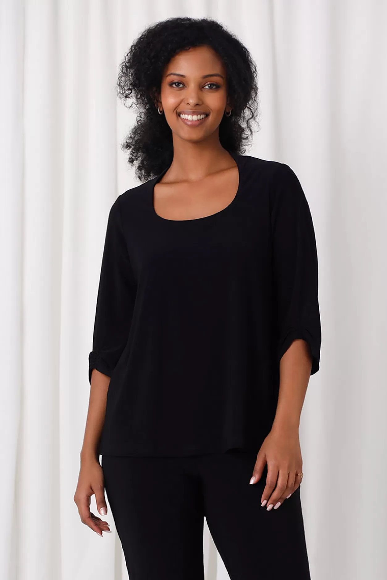 Women Sympli Jewel Neck Smocked Sleeve Top