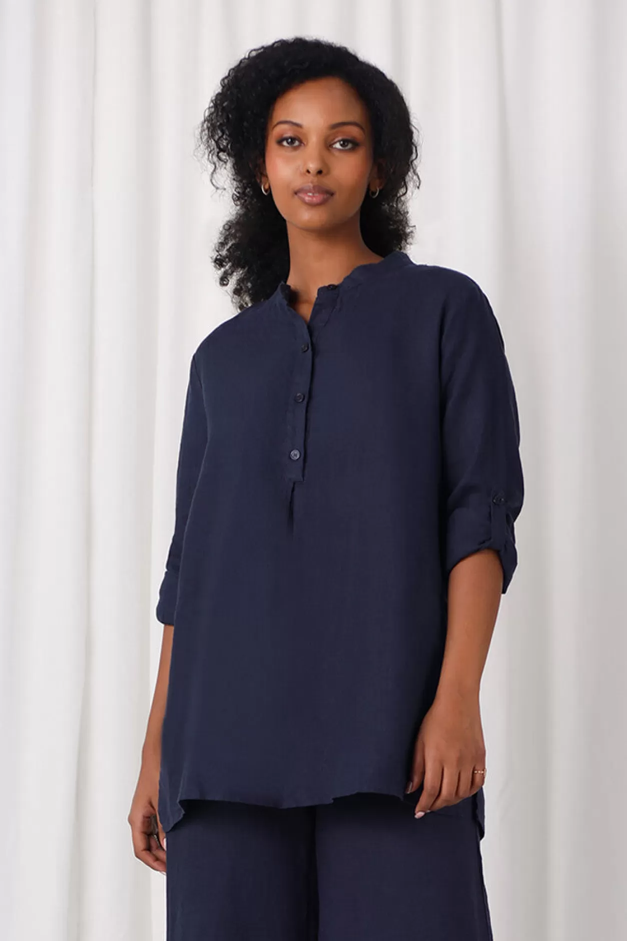 Women Sympli Linen Mandarin Collar Tunic