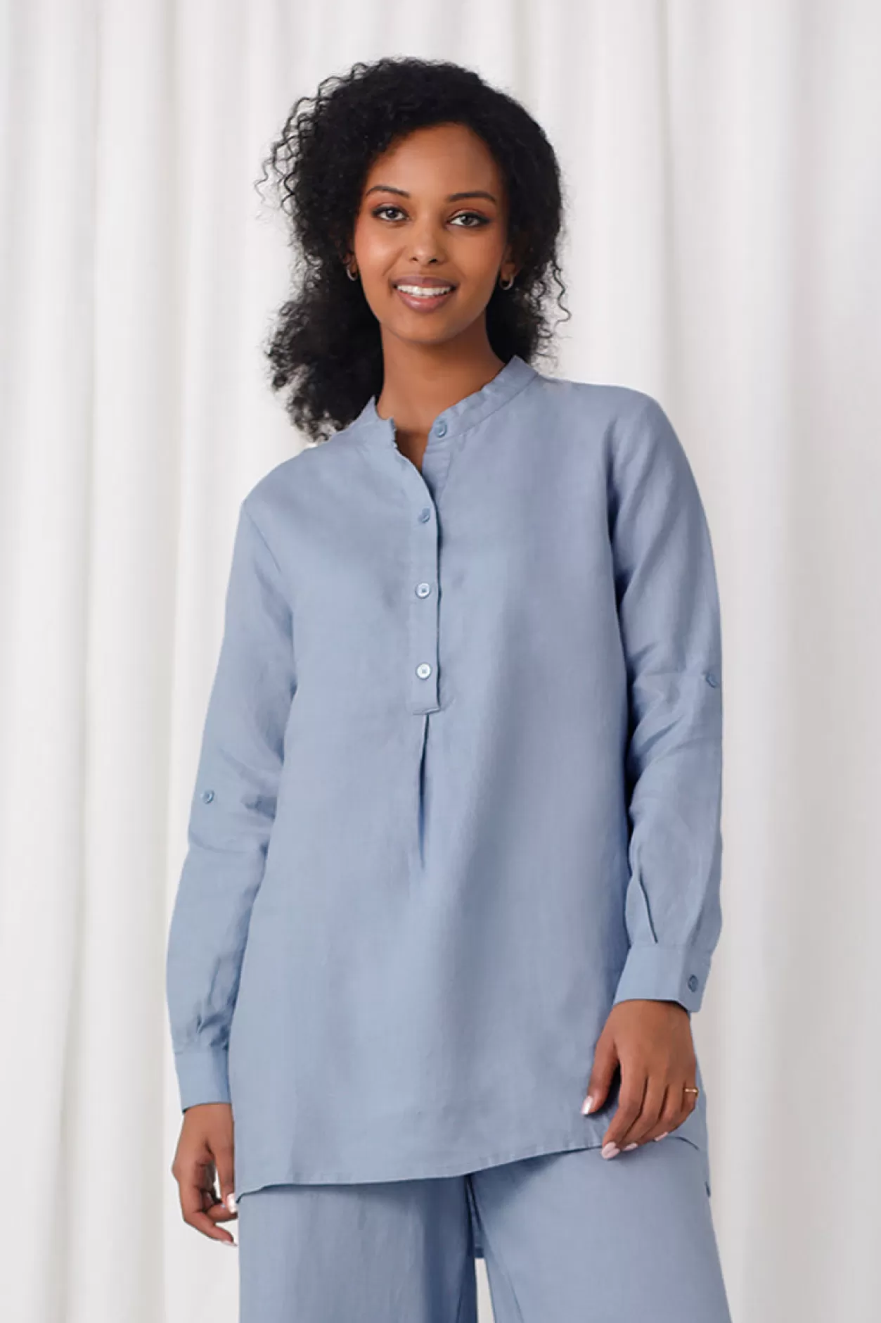 Women Sympli Linen Mandarin Collar Tunic