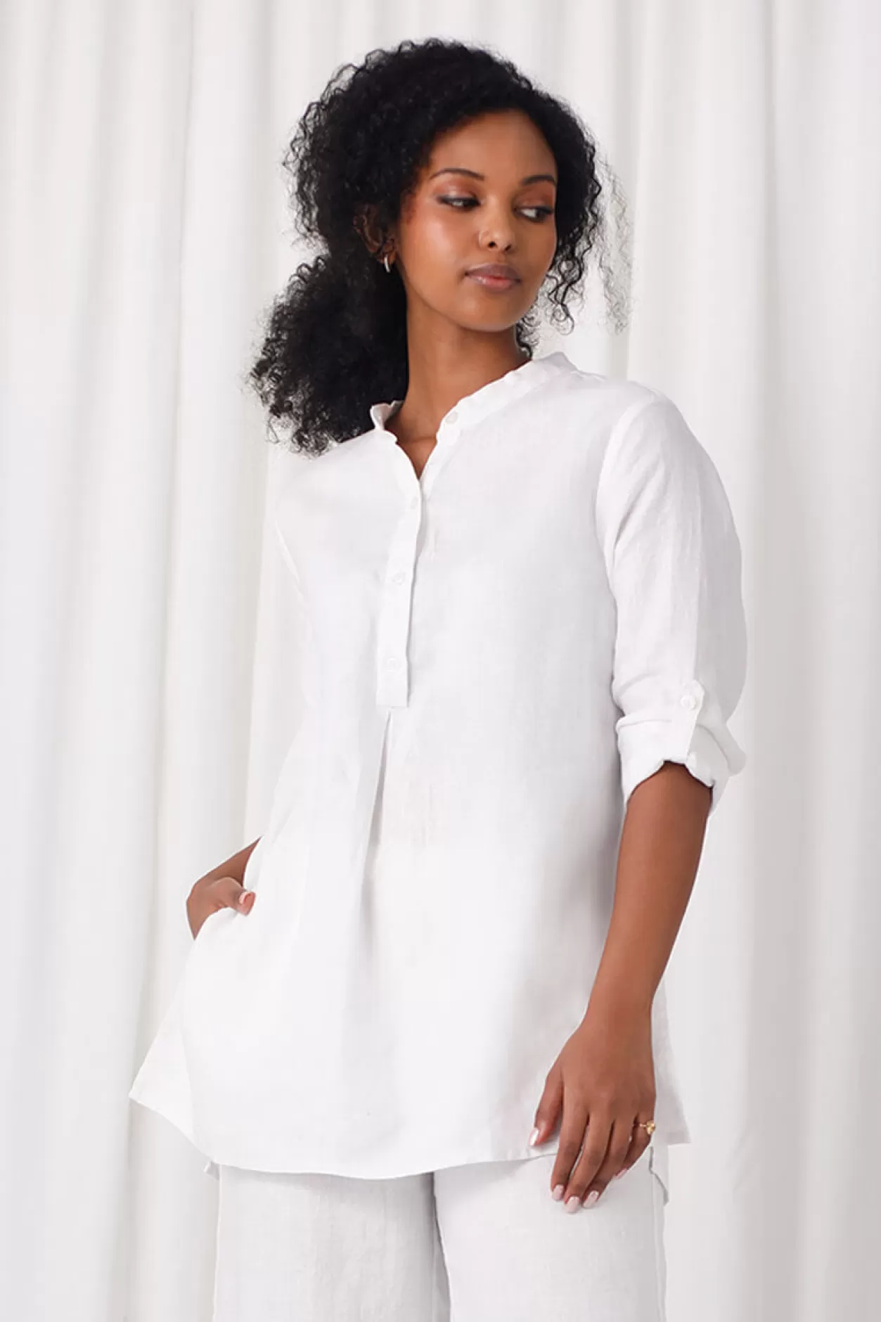 Women Sympli Linen Mandarin Collar Tunic