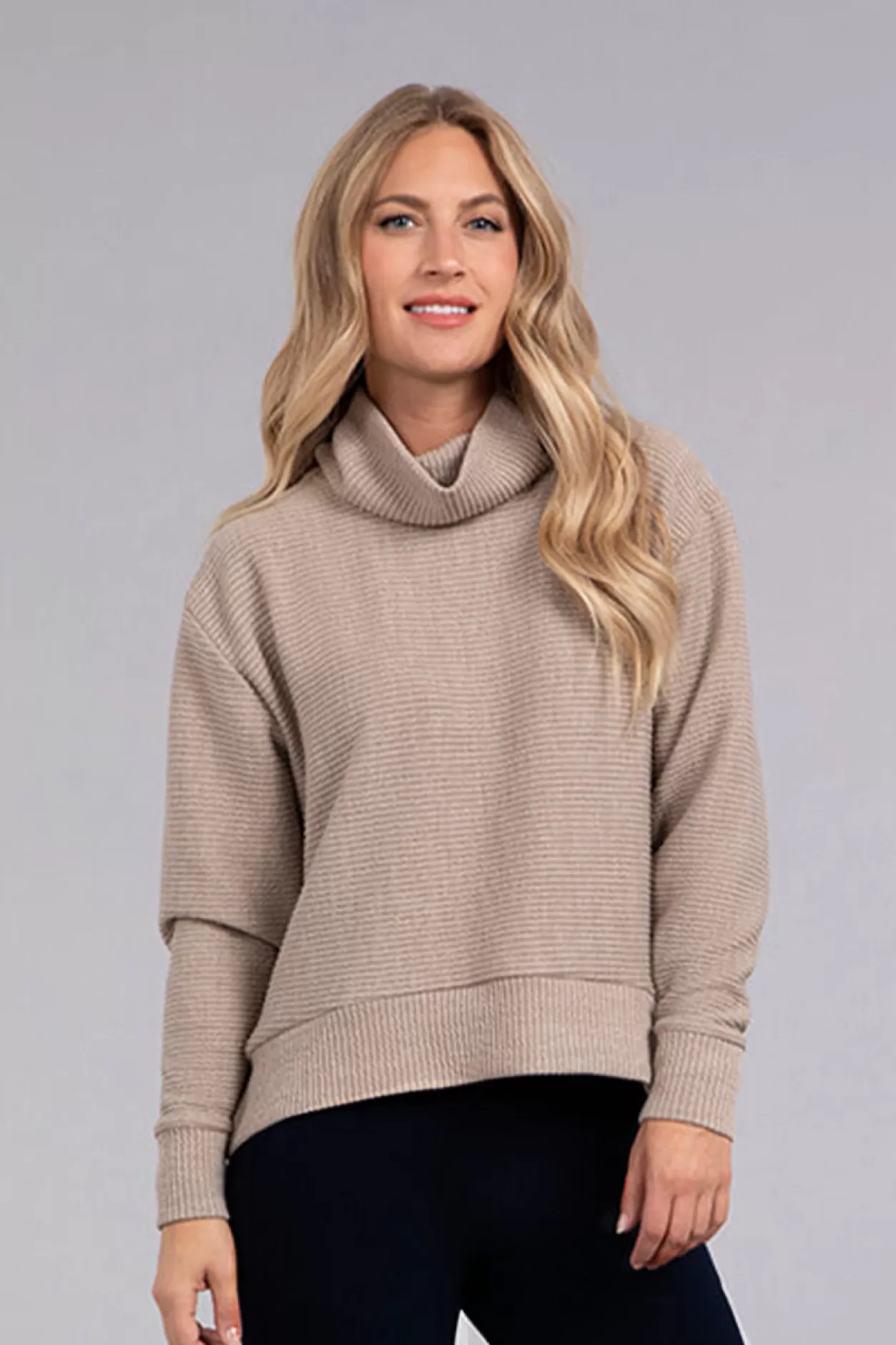 Women Sympli Turtle Neck High Low Rib Sweater